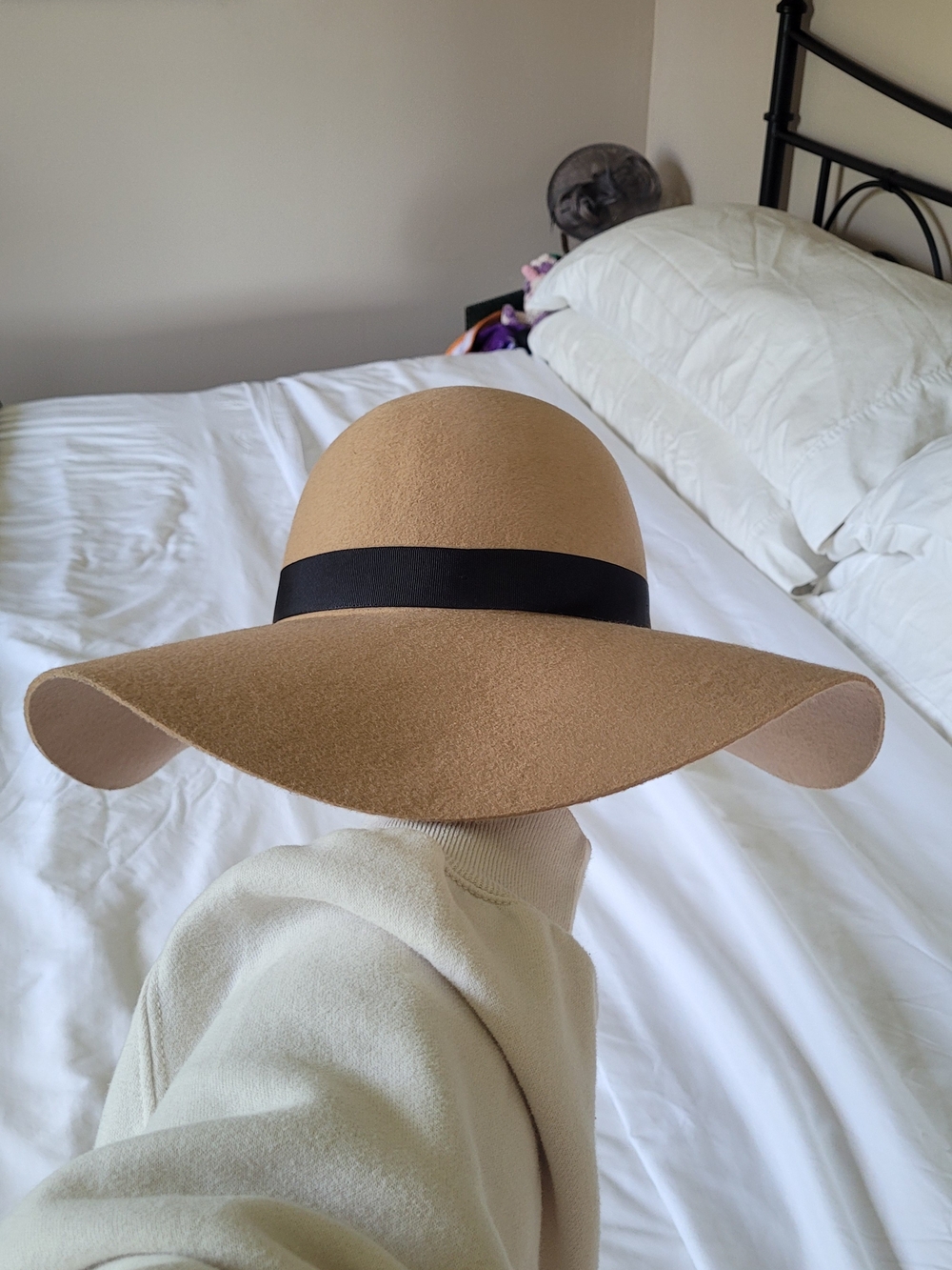 Wide Brim Felt Floppy Hat with Black Band - Tan
